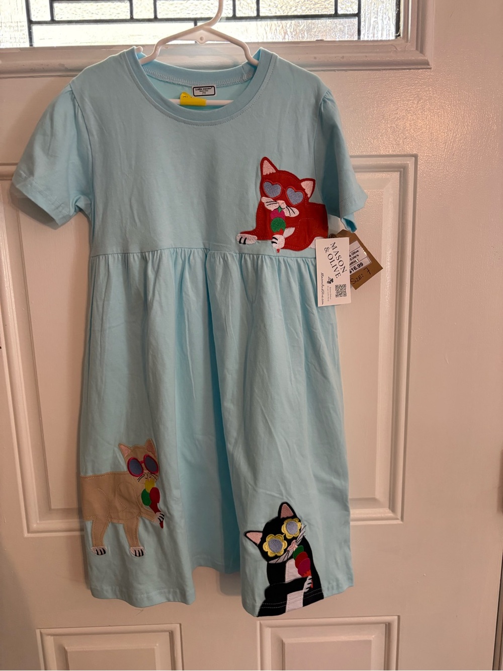Light Blue Girls' Casual Dress with Colorful Cats and ice cream Appliqués